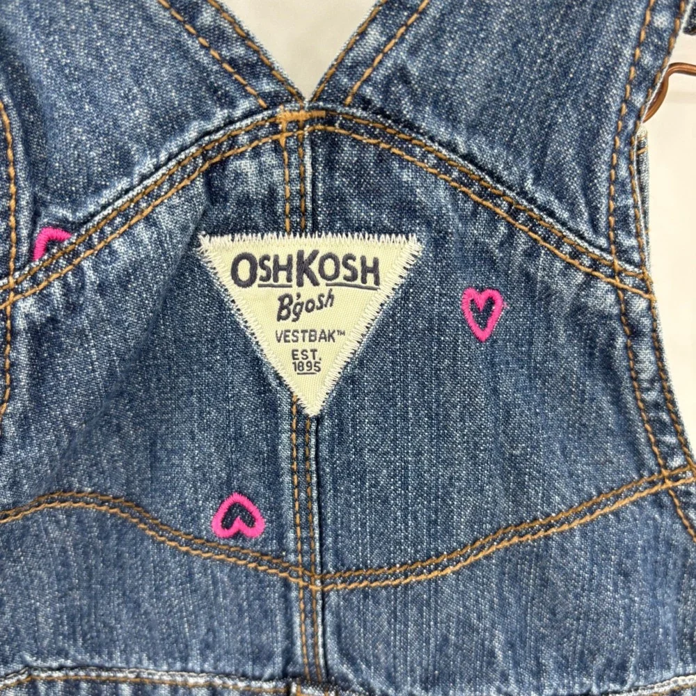OshKosh B'gosh Heart Denim Overalls Kids 3T Blue Pink Embroidered Bib Dungarees